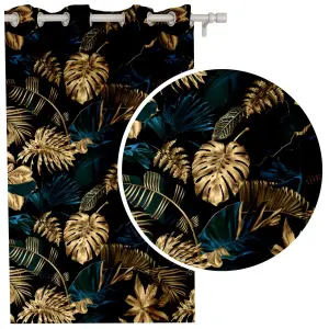 Zasłona monstera lazur-złote liście PANAMA DRUKOWANA 145x250 cm wys.