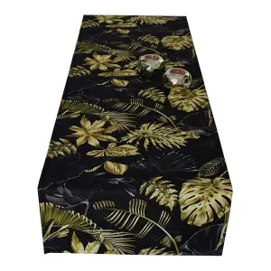 Bieżnik panama LIŚCIE MONSTERA CZARNO ZŁOTE 40x140